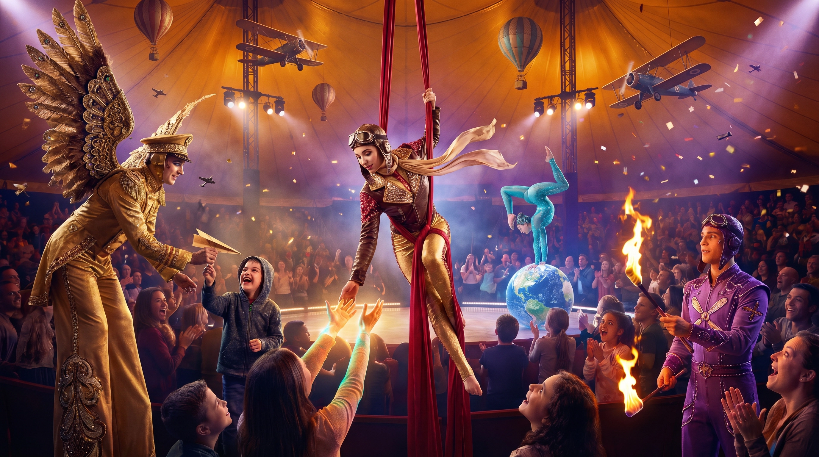 Costumed cirque-style performers interacting with the crowd