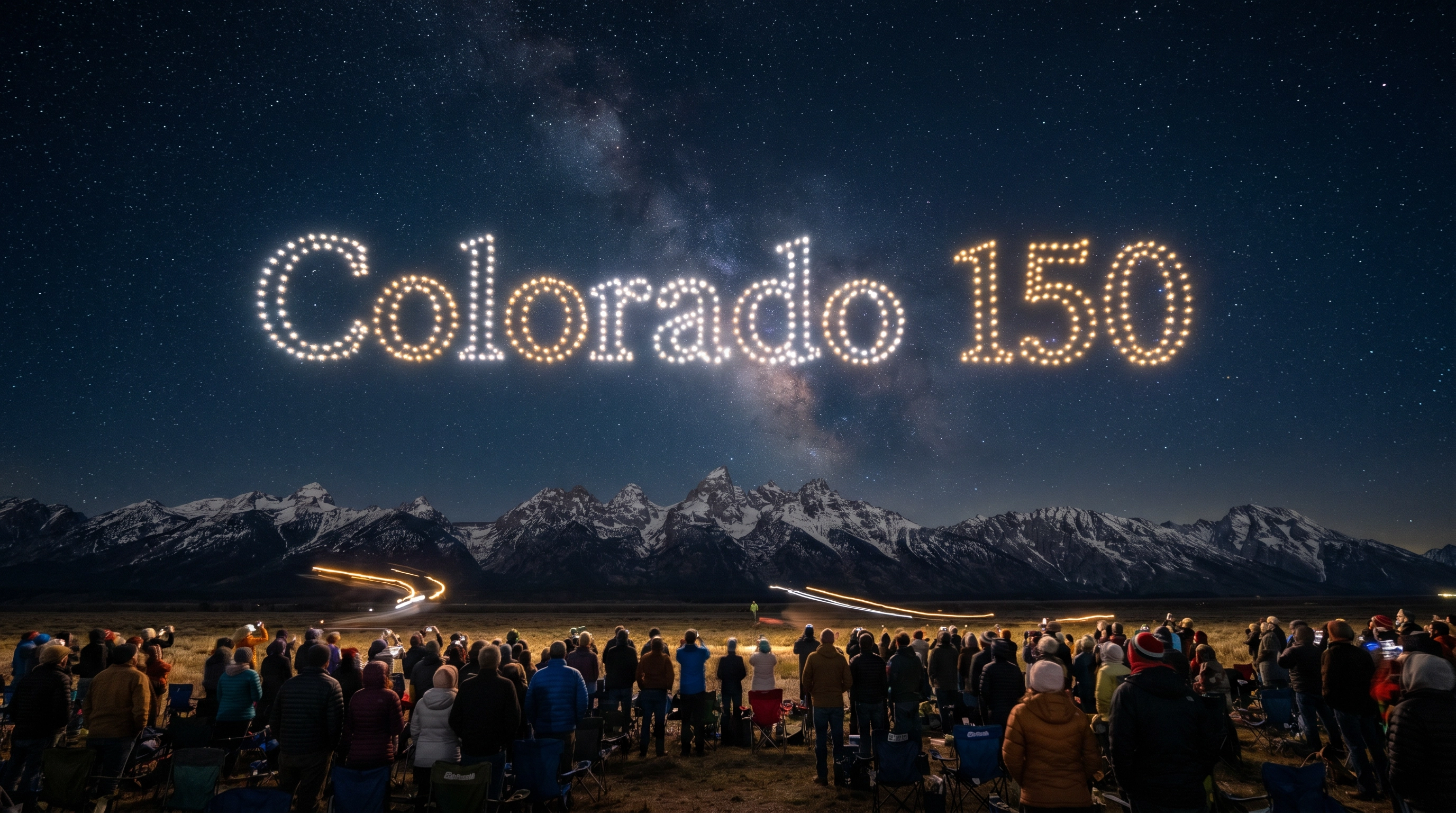 Drone show spelling Colorado 150 over the Rocky Mountains
